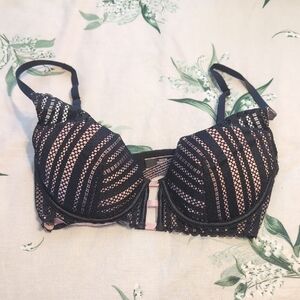 Victoria's Secret Black and Pink Striped Lace Bra 32D NWT